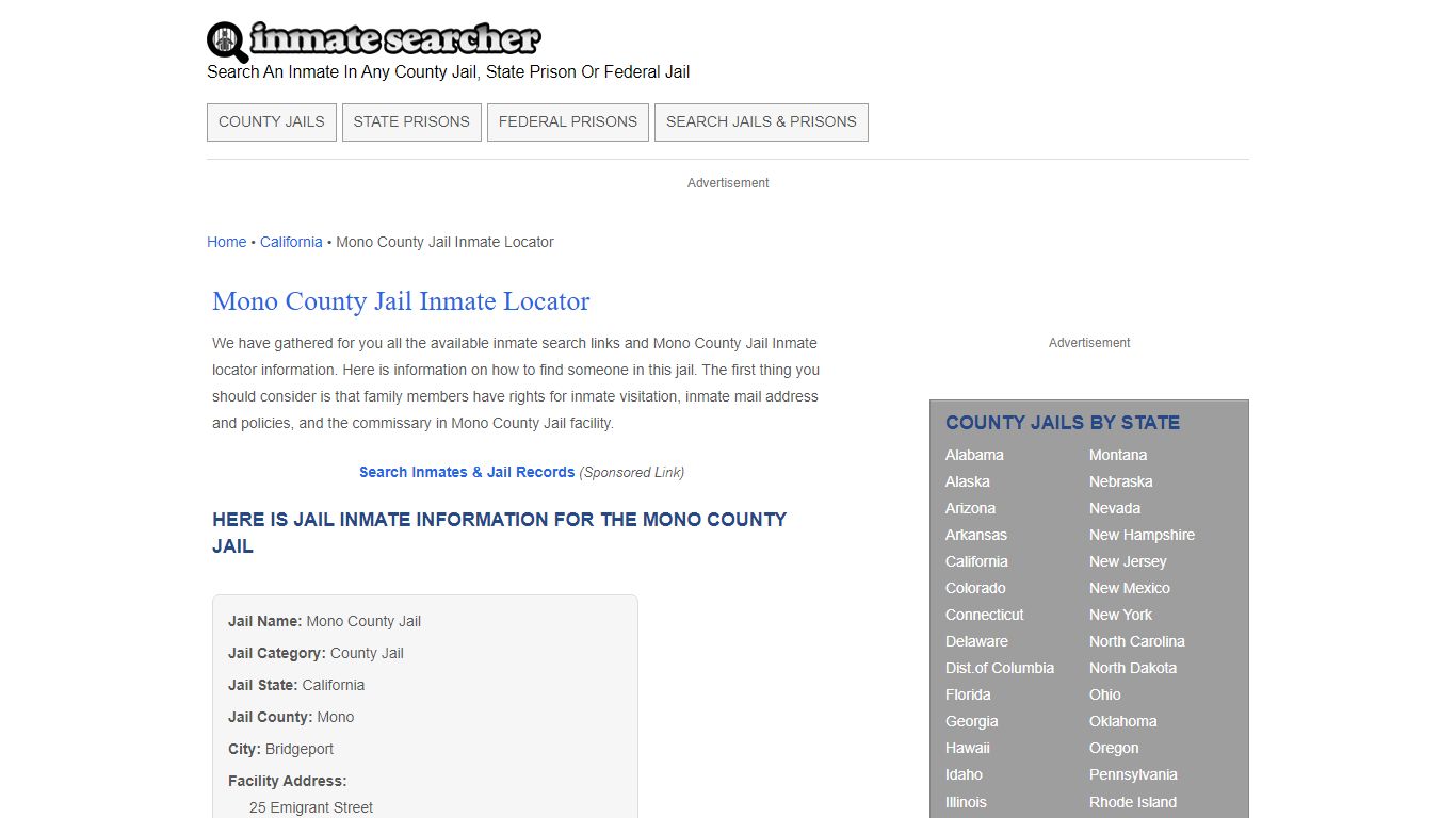 Mono County Jail Inmate Locator - Inmate Searcher